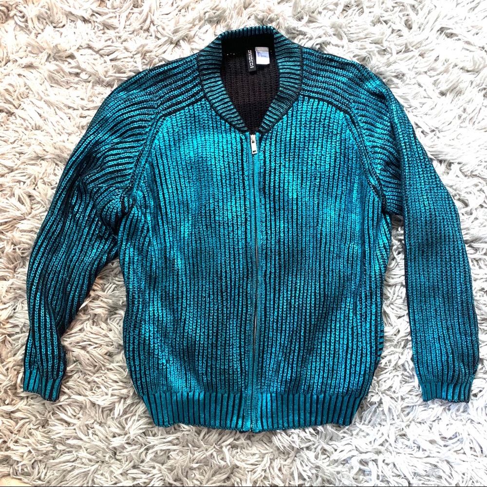 [H&M] Black & Metallic Teal Zip-up Sweater